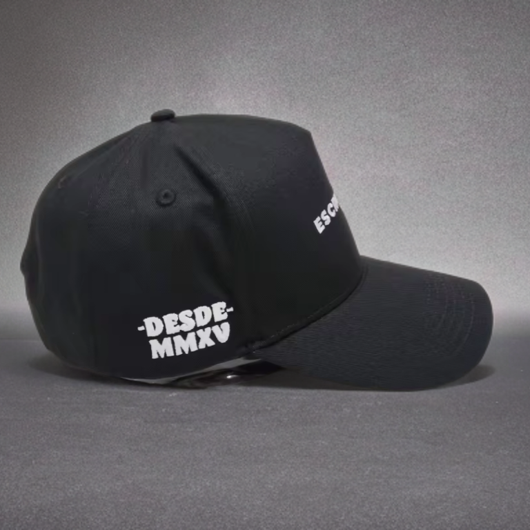Black cap with white text on a gray background