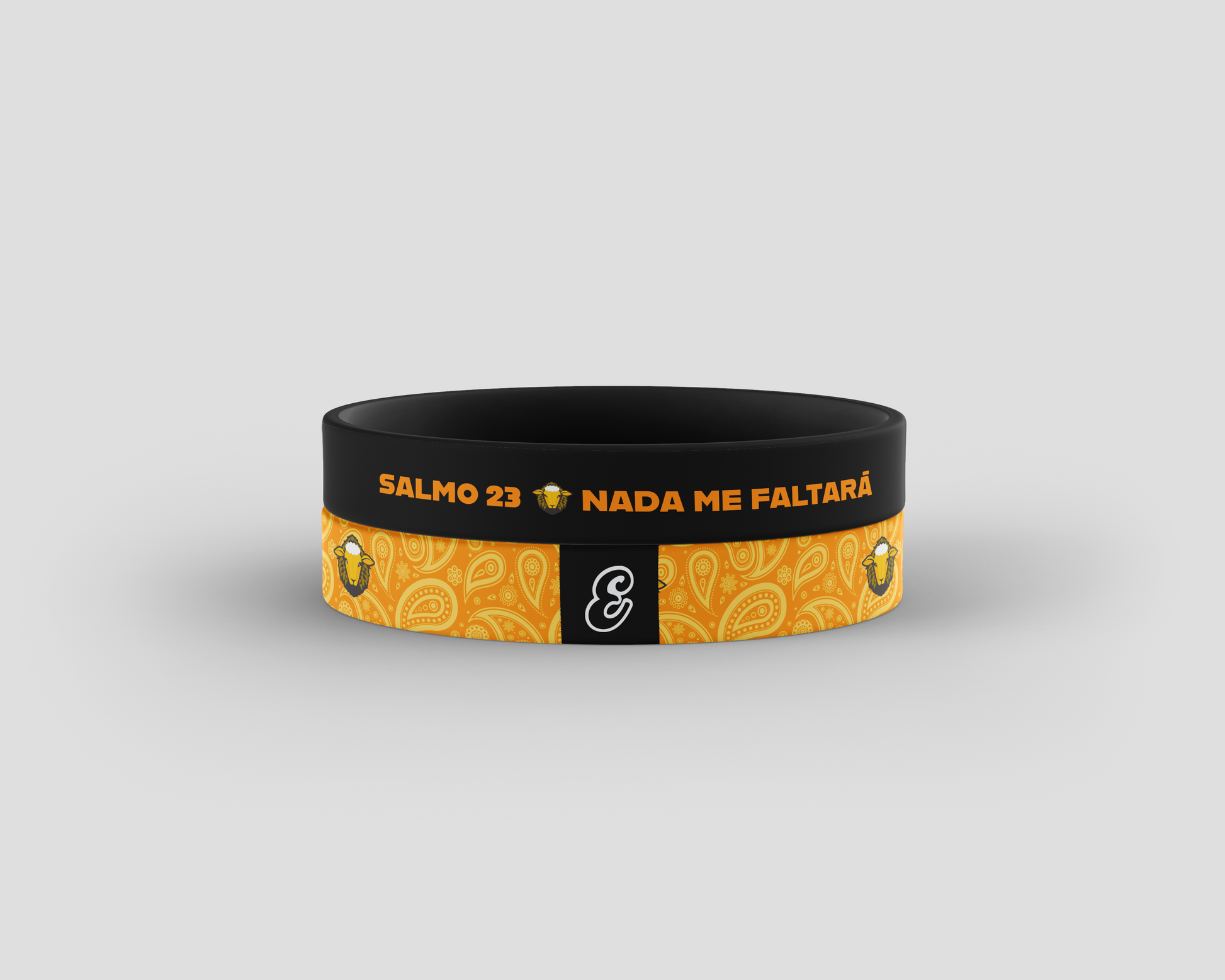 Black and orange wristband with text on a light gray background